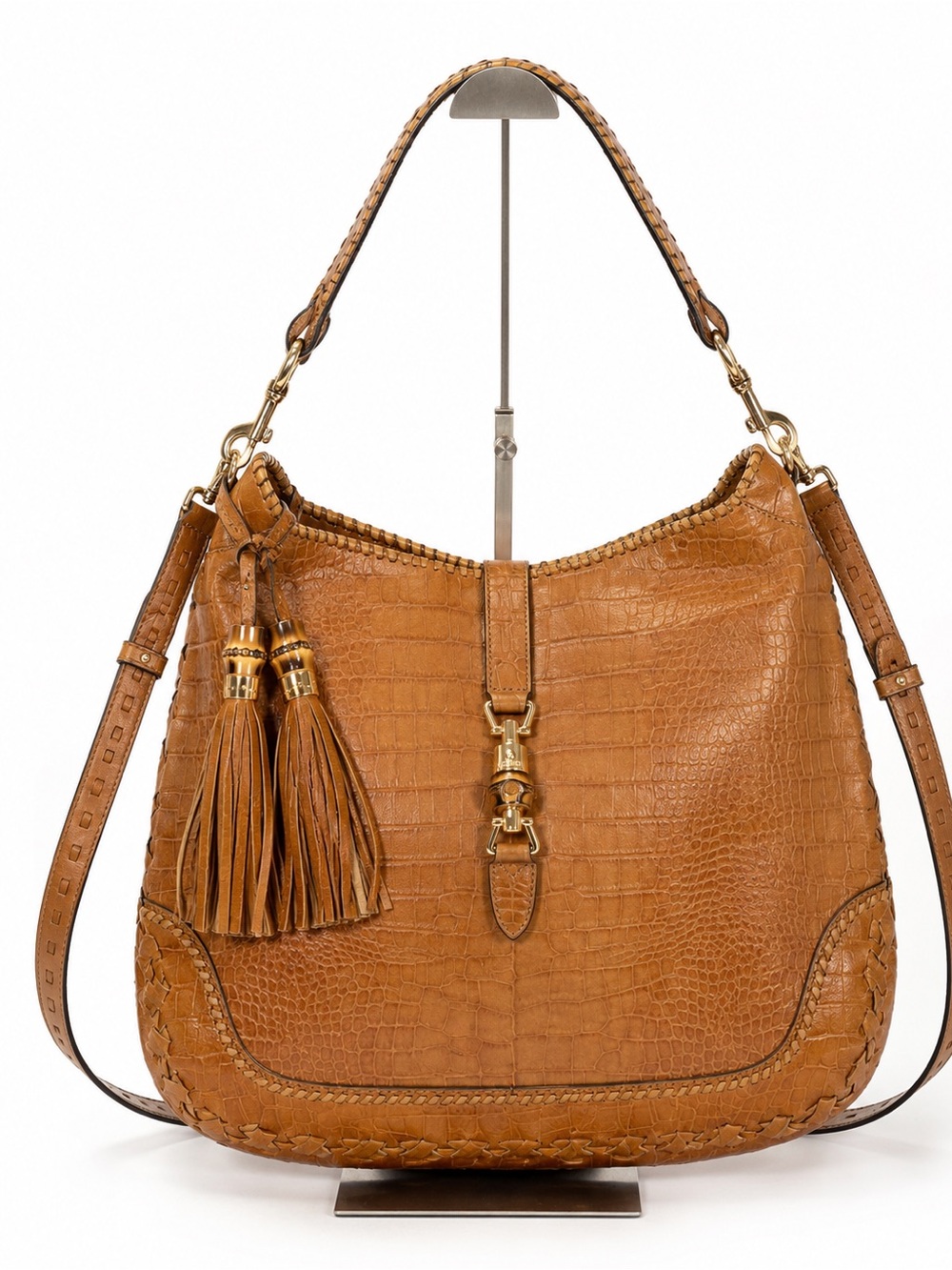 GUCCI Bamboo New Jackie Large Hobo Bag Brown Embossed Leather